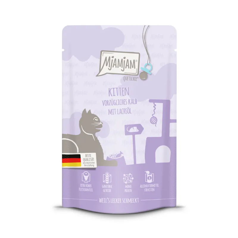 Sparpaket 24 x 125 g Mjamjam Quetschie Kitten Vorzügliches Kalb mit Lachsöl Katzen Nassfutter Neu